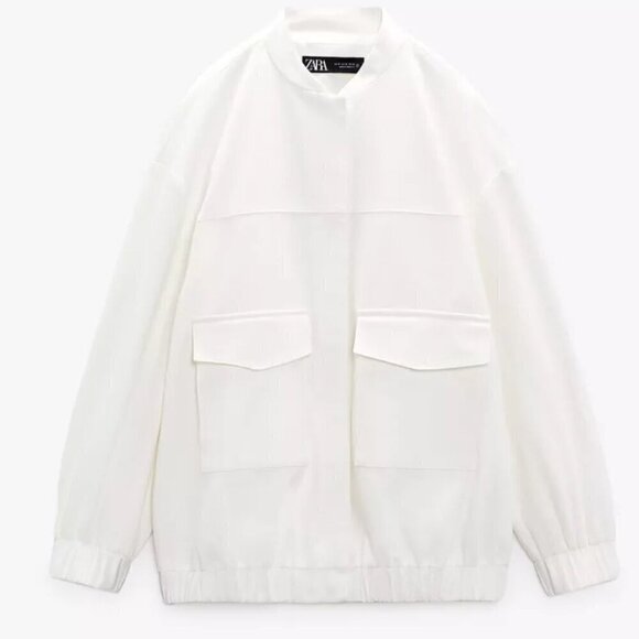New Zara Oversized Linen Blend White Bomber Jacket Blogger Favorite NWT Medium - Picture 11 of 16